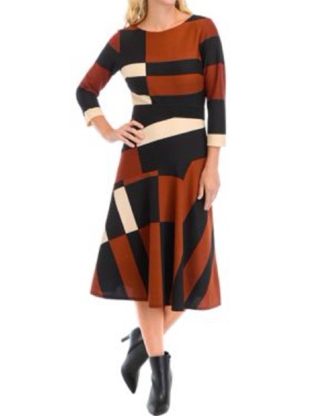 Julian Taylor Rust, Black & Cream Geometric Long-Sleeve Midi Dress
